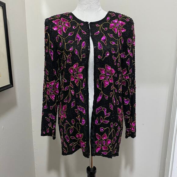 Vintage Sequin Jacket Size Medium Fuchsia Pink Floral Print on Black Silk - Picture 10 of 10